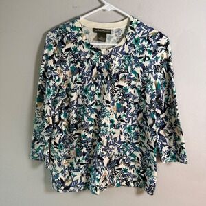 Eddie Bauer Womens Blue Floral Botanical Cardigan Sweater 3/4 Sleeve Size M